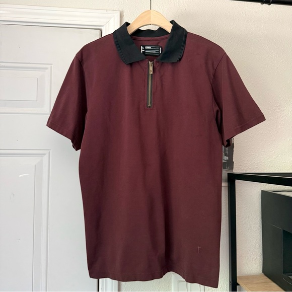 FORMER men's burgundy black contrast collar 1/4 quarter zip polo